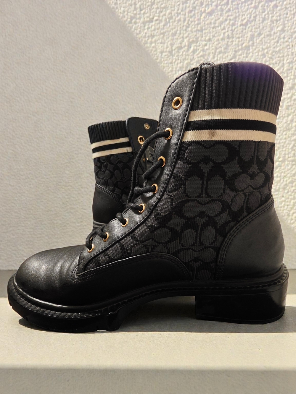 COACH Livia Signature Knit Combat Booties Black Size 8 (With Box) - Picture 7 of 13